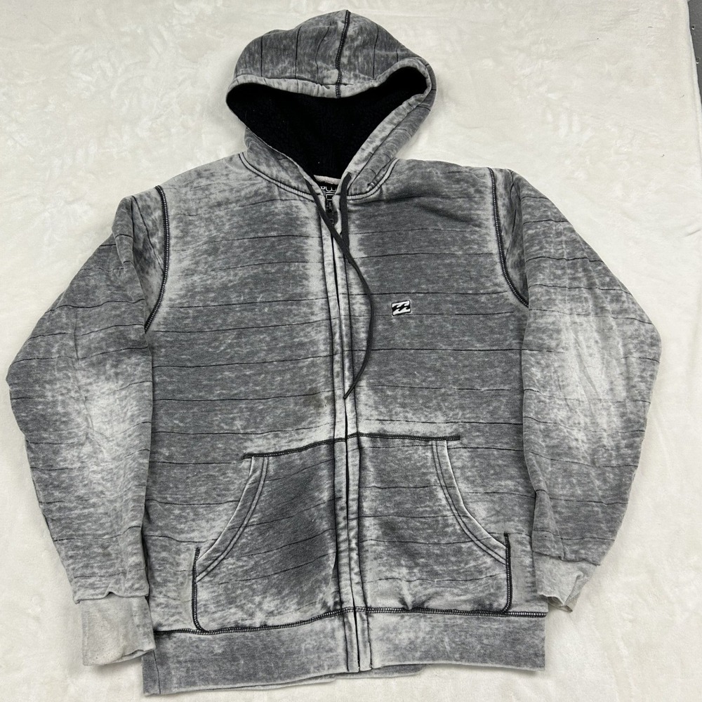 Billabong Full Zip Hoodie Mens XL Grey Acid Wash Sherpa Lined Striped Burnout